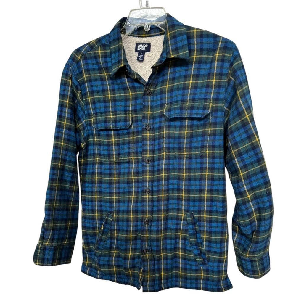 Lands End Mens Jacket Medium Traditional Fit Button Down Sherpa Lined Plaid Fall